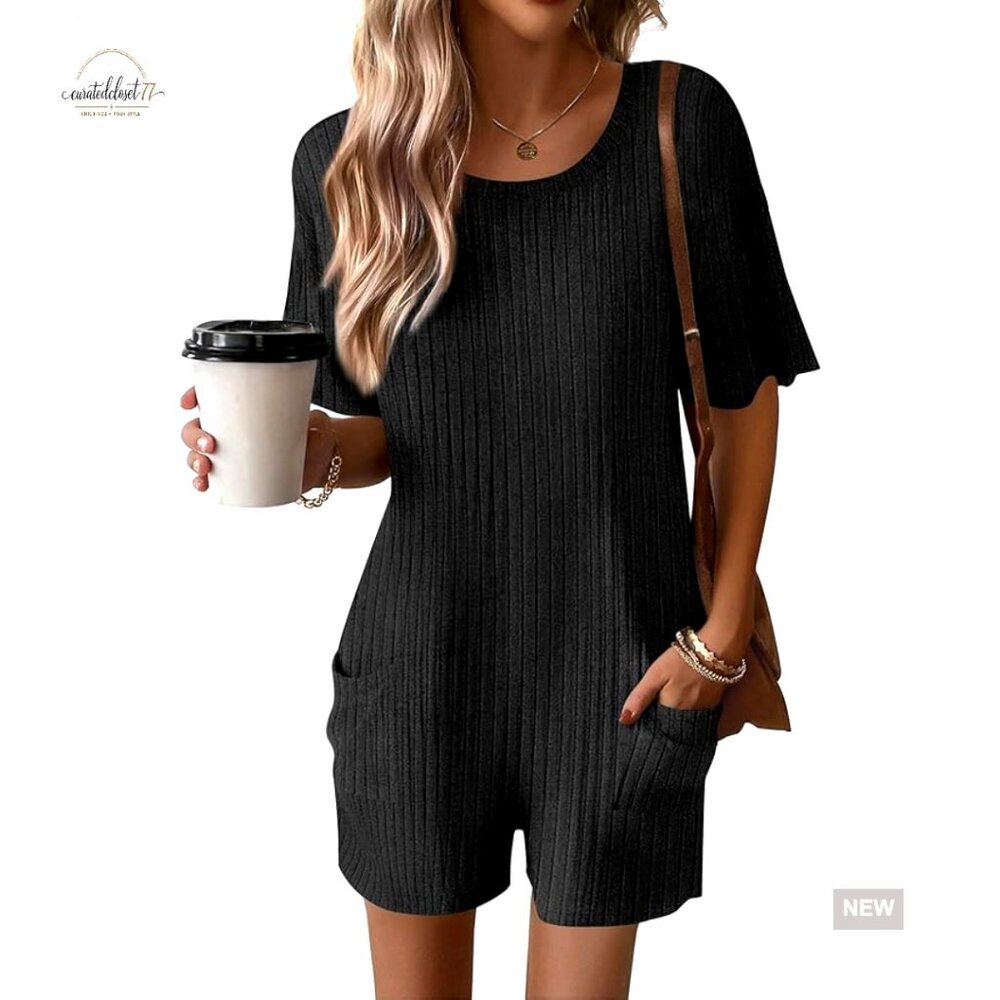 Large Ribbed Romper with Pockets, Short Sleeve Summer Outfit
